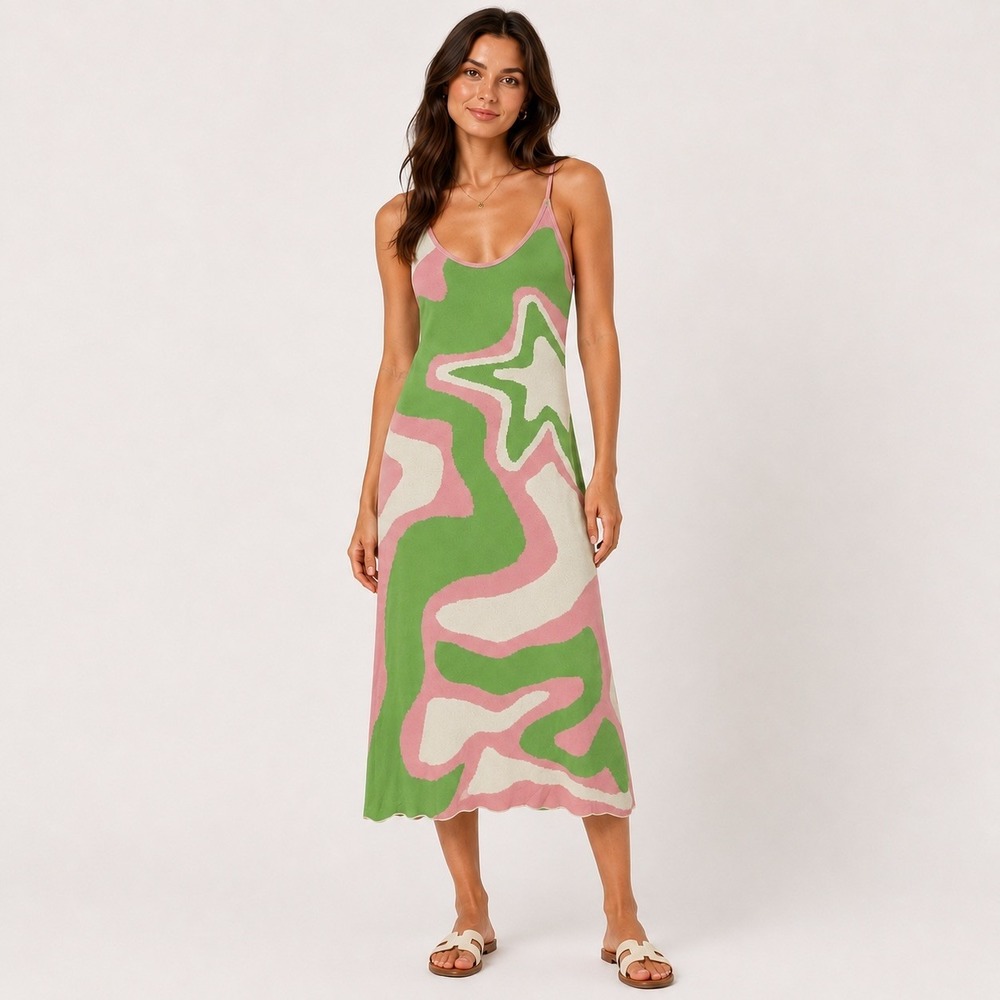 70s Retro Concert Green Pink Psychedelic Star Swirl Knit Midi Tank Dress
